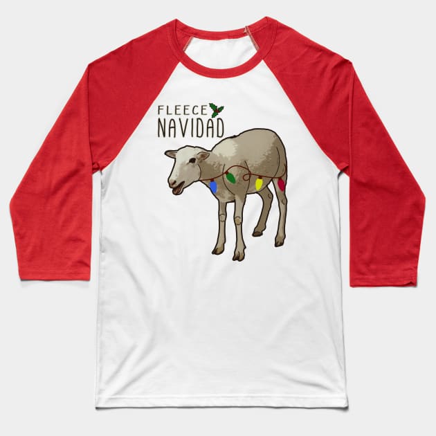 Fleece Feliz Navidad Pun Christmas Sheep with Lights Baseball T-Shirt by charlescheshire